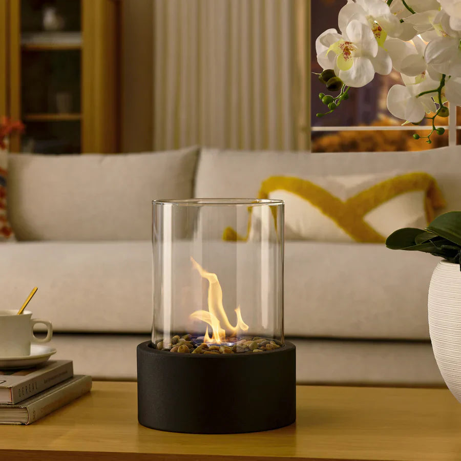 Tabletop Bioethanol Fireplace Portable Heater with Glass Cylinder and Metal Base for Indoors
