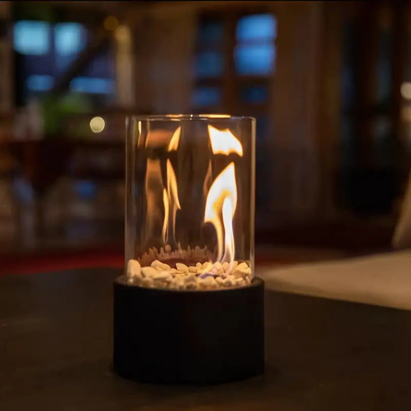 Tabletop Bioethanol Fireplace Portable Heater with Glass Cylinder and Metal Base for Indoors