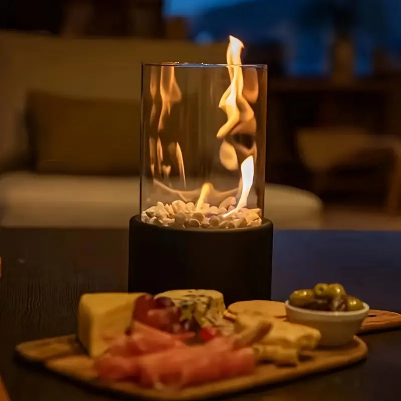 Tabletop Bioethanol Fireplace Portable Heater with Glass Cylinder and Metal Base for Indoors