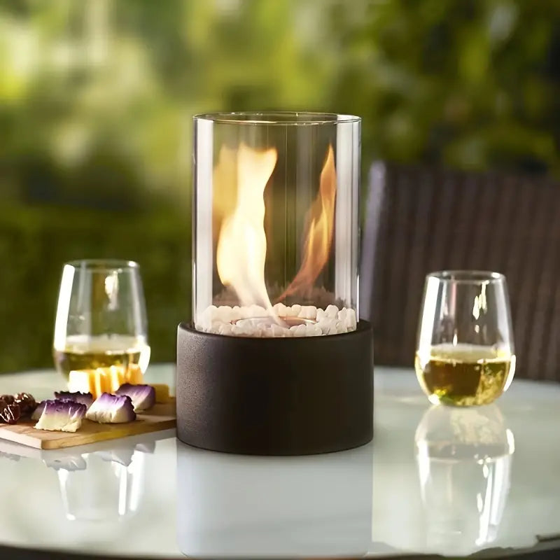 Tabletop Bioethanol Fireplace Portable Heater with Glass Cylinder and Metal Base for Indoors