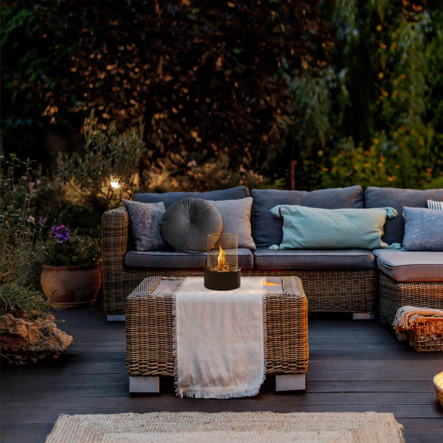 Tabletop Bioethanol Fireplace Portable Heater with Glass Cylinder and Metal Base for Indoors