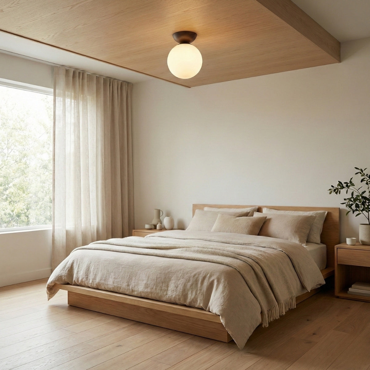 Japandi Globe Ceiling Light Round LED Flush Mount with Wood Bowl Shade and Warm White Glow