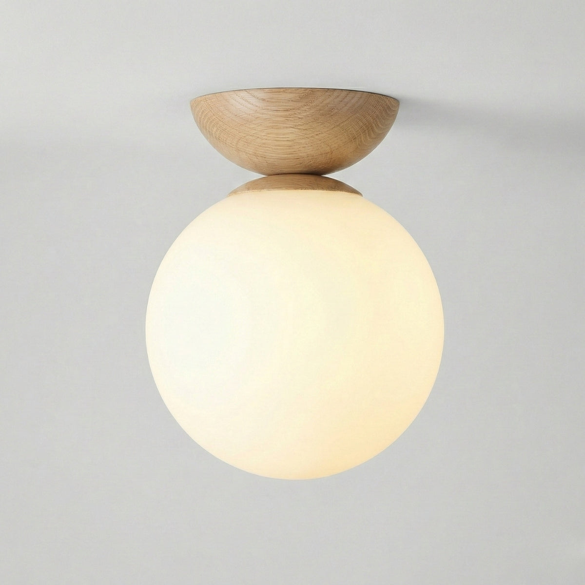 Japandi Globe Ceiling Light Round LED Flush Mount with Wood Bowl Shade and Warm White Glow