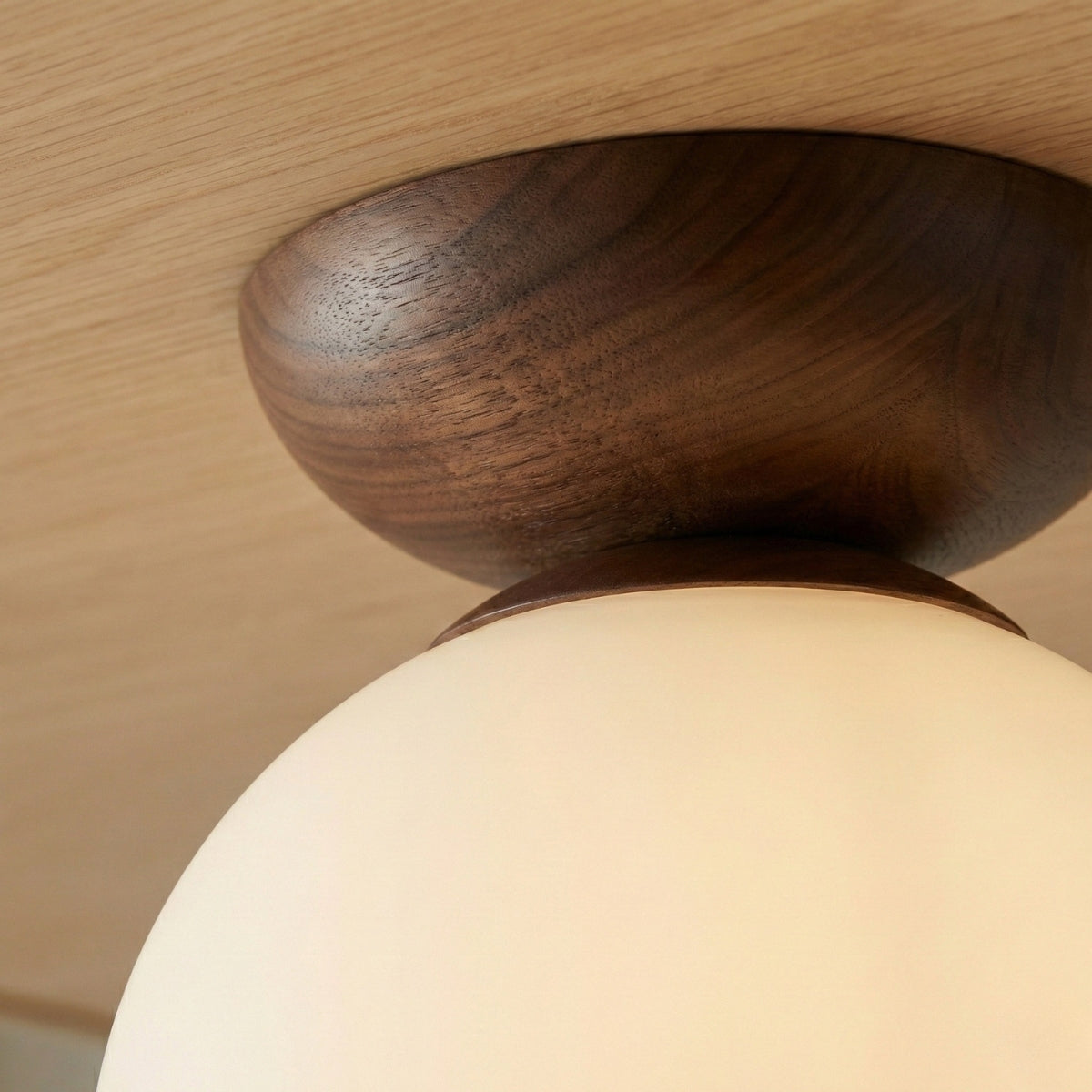 Japandi Globe Ceiling Light Round LED Flush Mount with Wood Bowl Shade and Warm White Glow