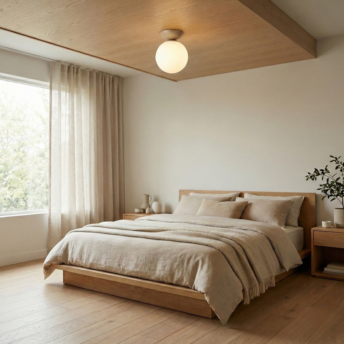 Japandi Globe Ceiling Light Round LED Flush Mount with Wood Bowl Shade and Warm White Glow