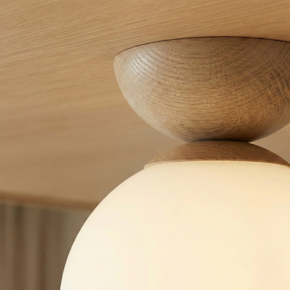 Japandi Globe Ceiling Light Round LED Flush Mount with Wood Bowl Shade and Warm White Glow