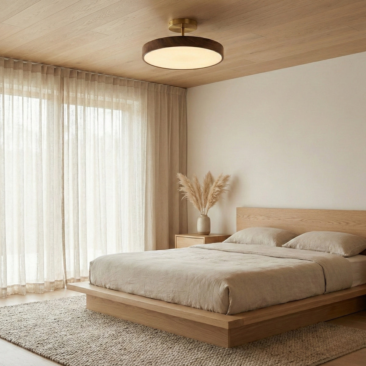 Round Ceiling Light Japanese Minimalist LED Flush Mount with Wide Drum Shade and Diffuser