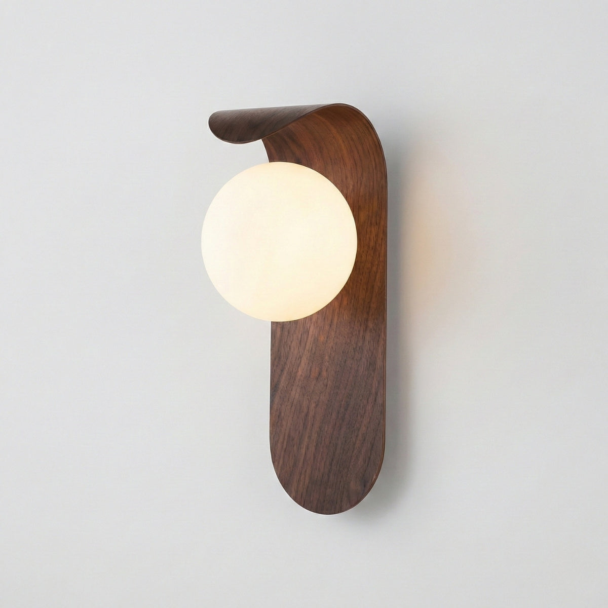 Nordic Wood Wall Light Round Globe Sconce with Curved Panel in Walnut or Natural Oak