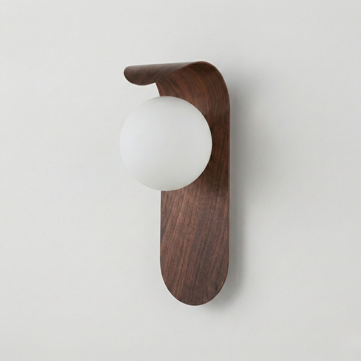 Nordic Wood Wall Light Round Globe Sconce with Curved Panel in Walnut or Natural Oak