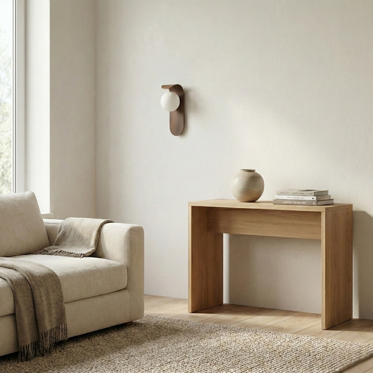 Nordic Wood Wall Light Round Globe Sconce with Curved Panel in Walnut or Natural Oak