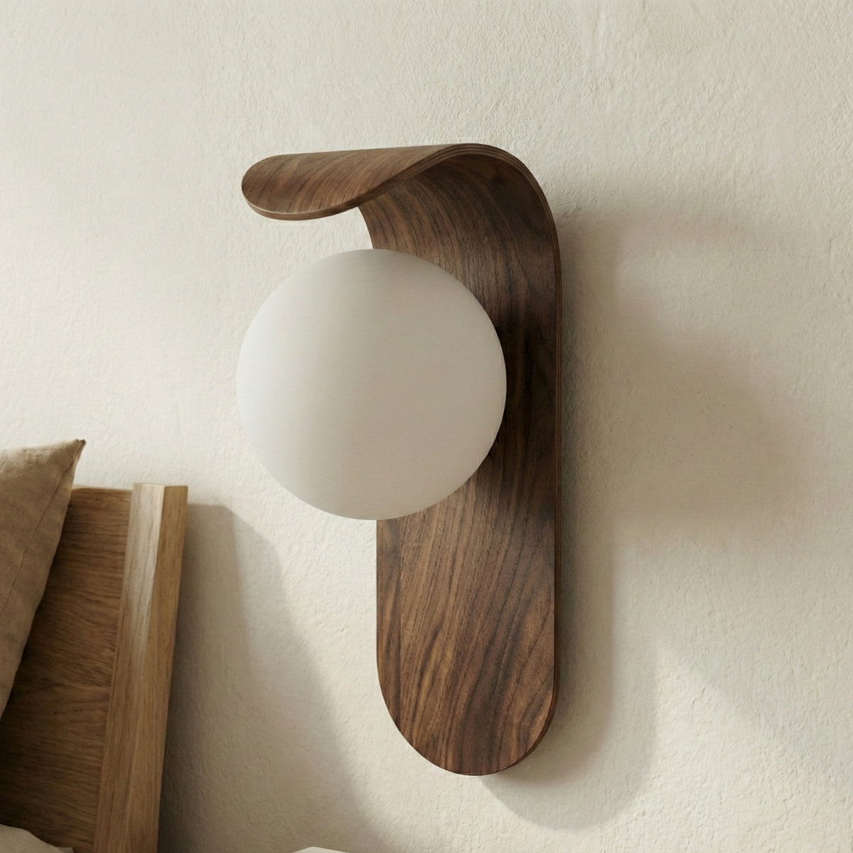 Nordic Wood Wall Light Round Globe Sconce with Curved Panel in Walnut or Natural Oak