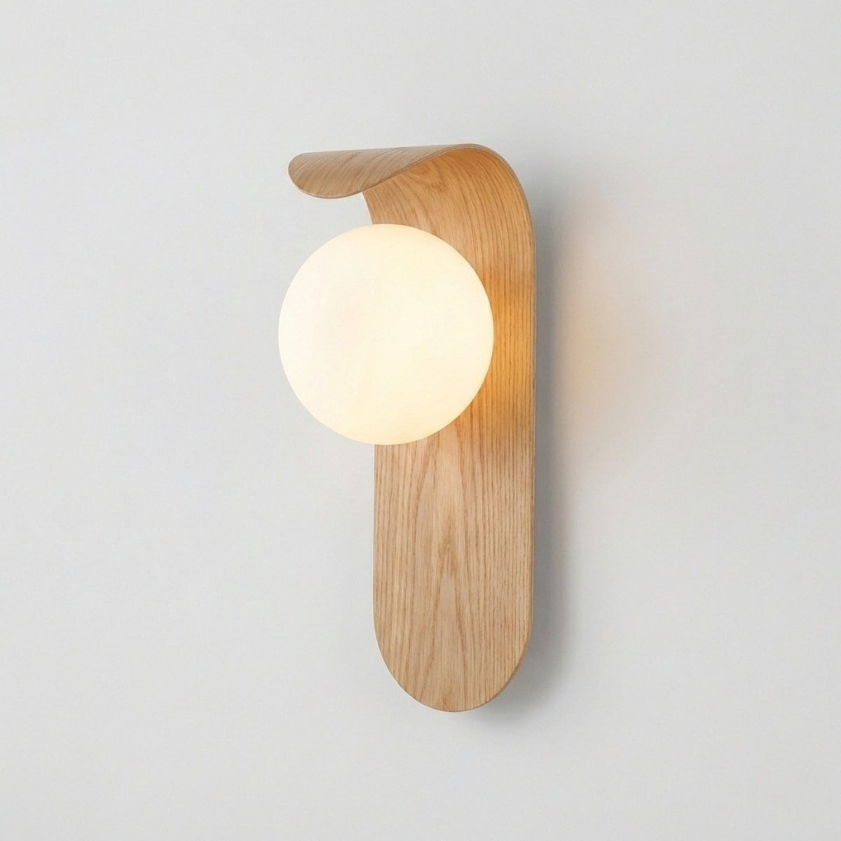 Nordic Wood Wall Light Round Globe Sconce with Curved Panel in Walnut or Natural Oak