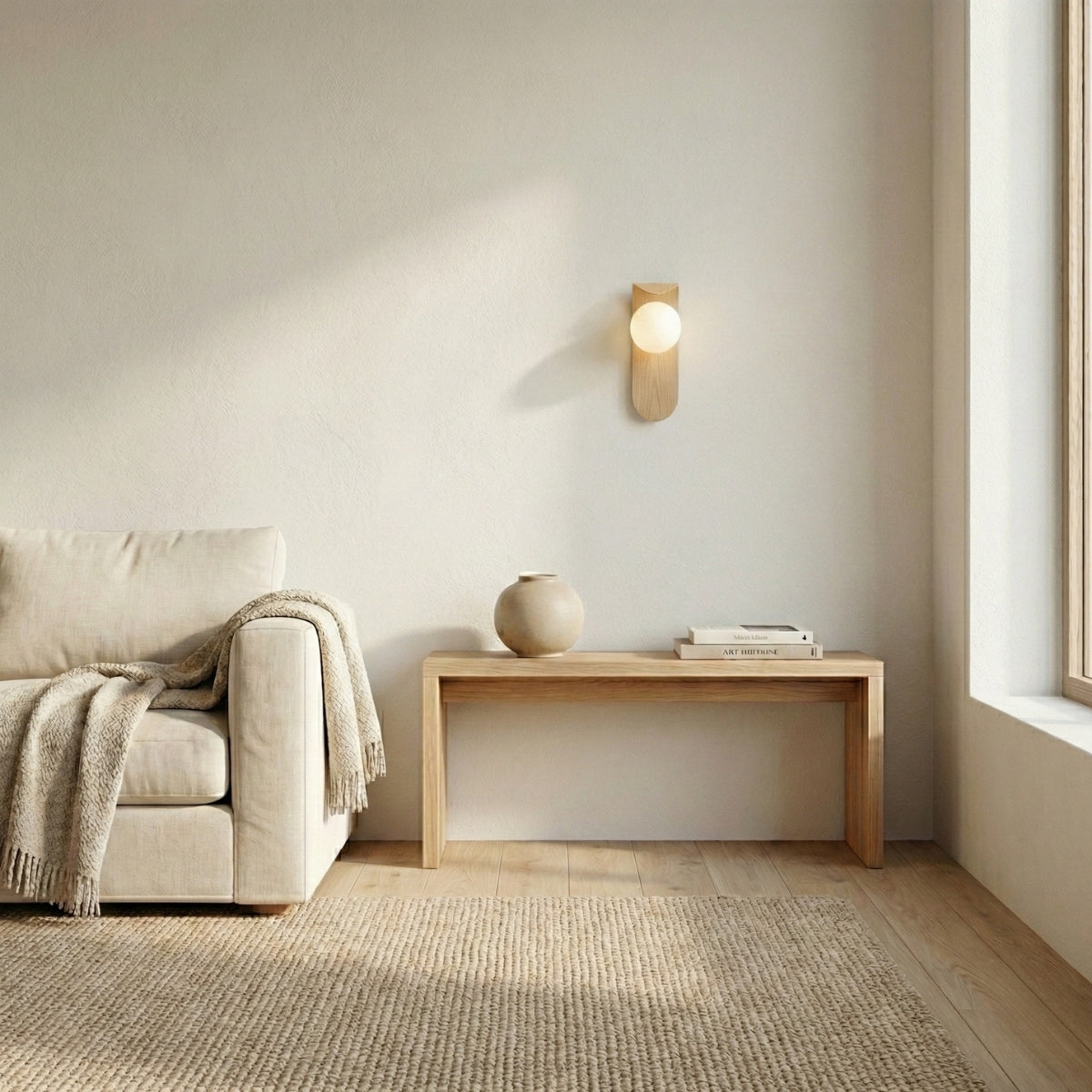 Nordic Wood Wall Light Round Globe Sconce with Curved Panel in Walnut or Natural Oak