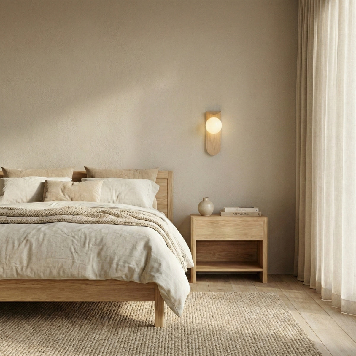 Nordic Wood Wall Light Round Globe Sconce with Curved Panel in Walnut or Natural Oak