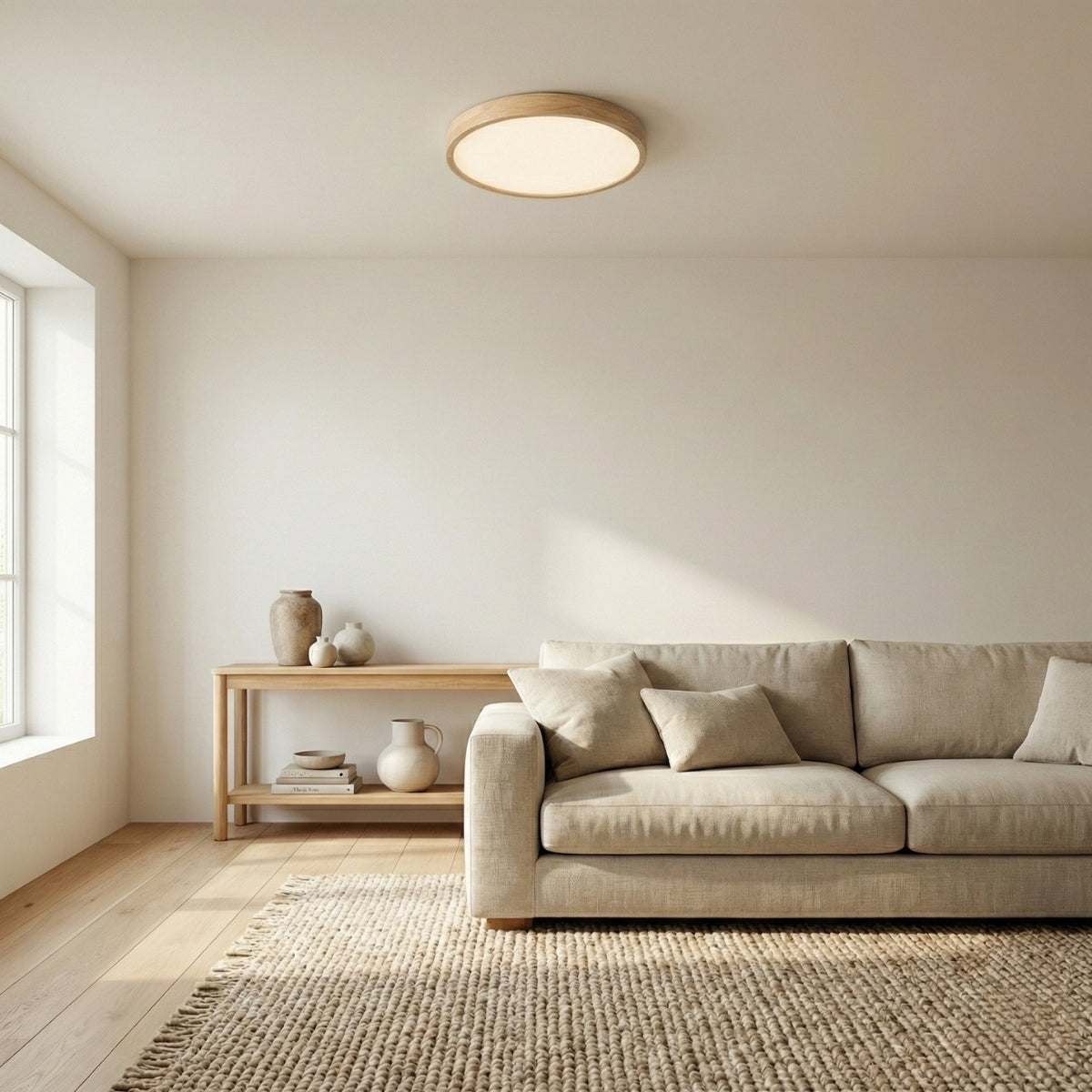 Scandinavian Wood Ceiling Light Round LED Flush Mount with Framed Diffuser
