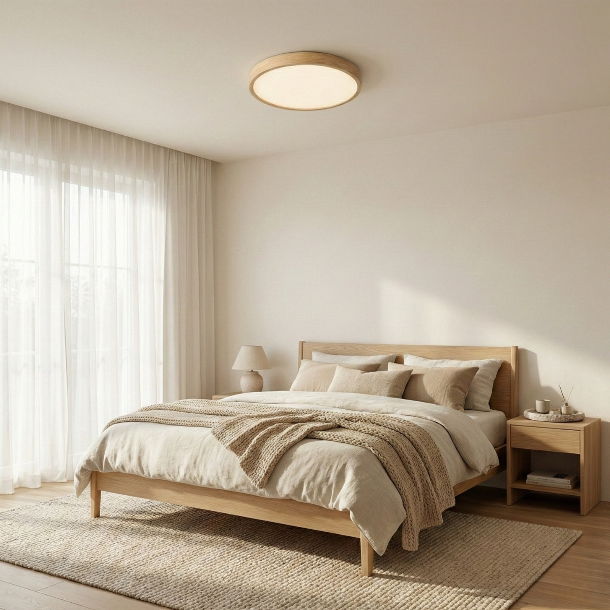 Scandinavian Wood Ceiling Light Round LED Flush Mount with Framed Diffuser