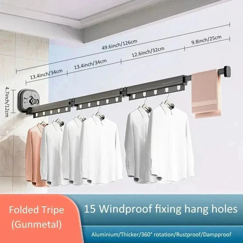 Clothes Drying Rack Wall Mounted Tri Fold Airer with 15 Windproof Hanging Holes
