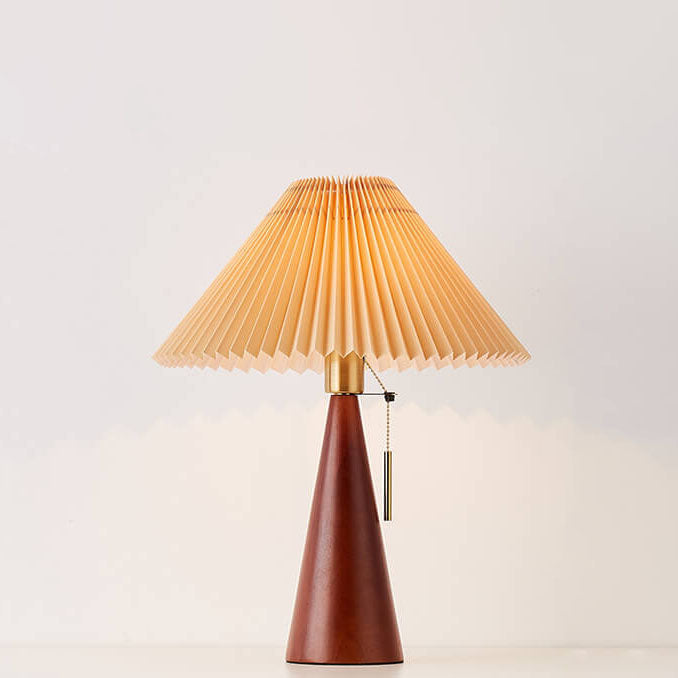 Wooden Table Lamp LED Modern Vintage Style with Pleated Fabric Shade in Solid Rubberwood