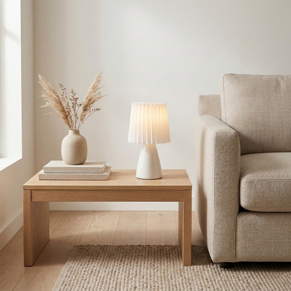 Scandinavian Ceramic Table Lamp with Pleated Shade and Tapered Base for Bedside