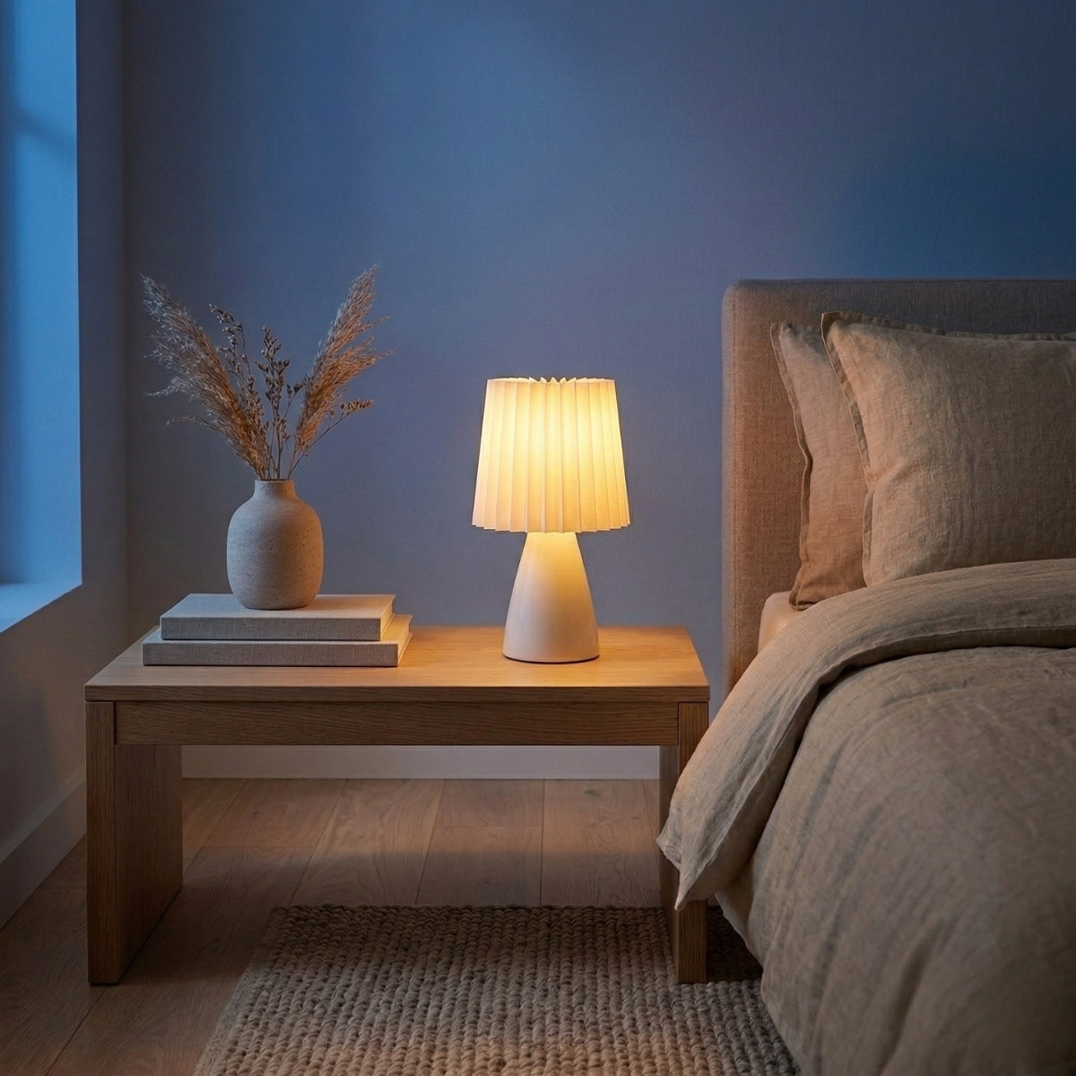 Scandinavian Ceramic Table Lamp with Pleated Shade and Tapered Base for Bedside