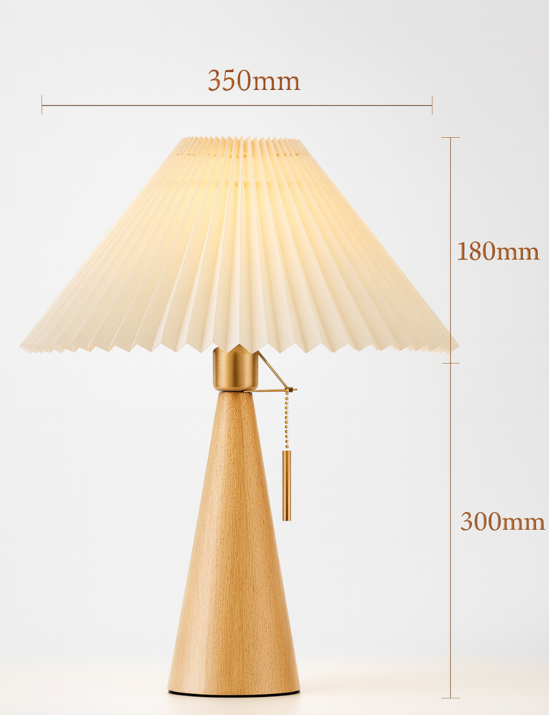 Wooden Table Lamp LED Modern Vintage Style with Pleated Fabric Shade in Solid Rubberwood