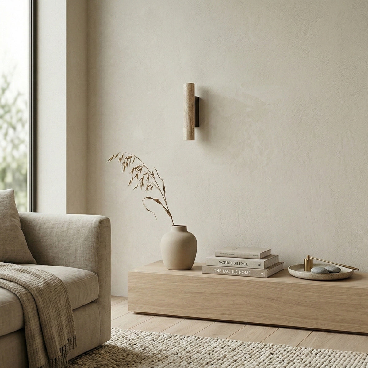 Travertine Wall Lamp Vertical Minimalist Stone Sconce with Slim Backplate for Bedside