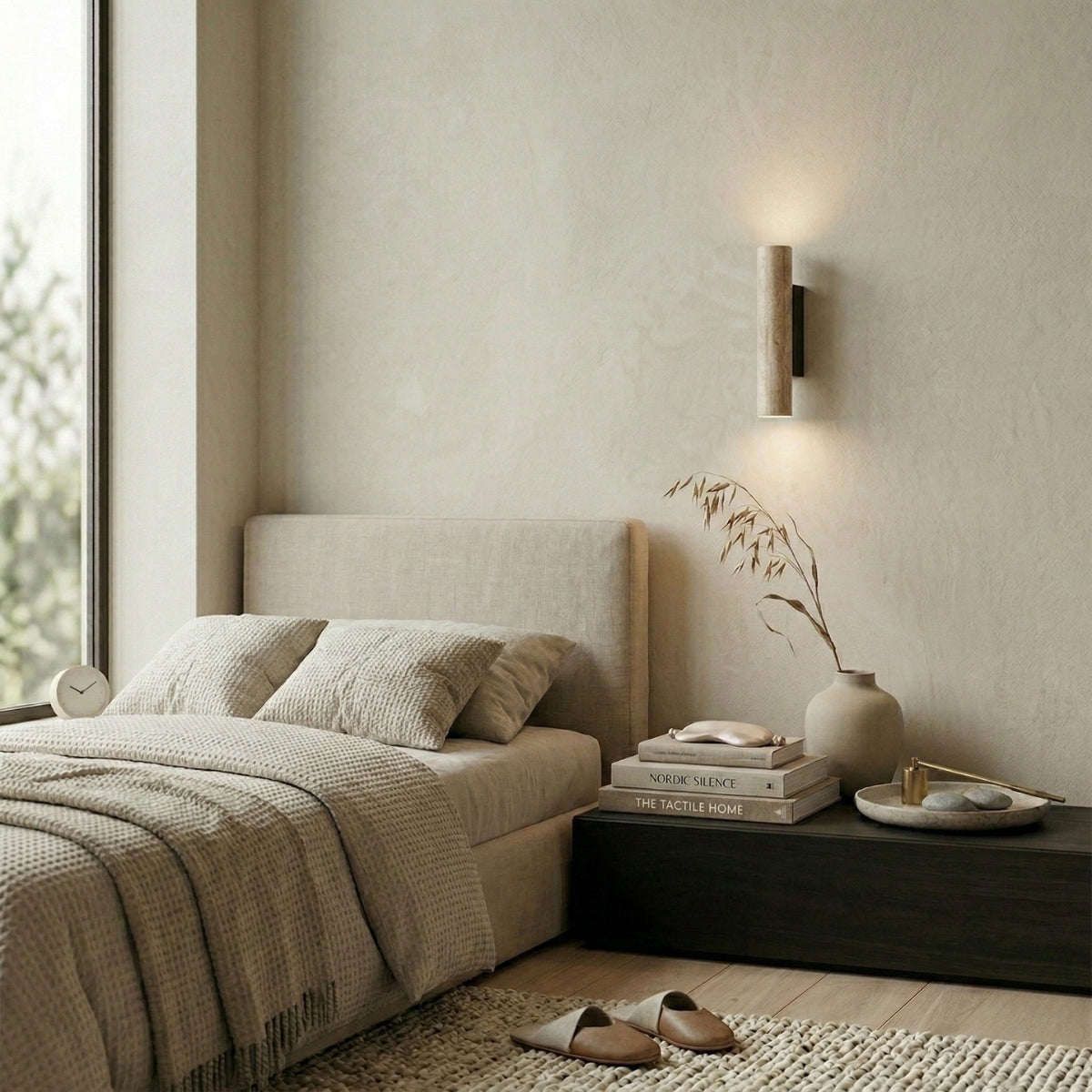 Travertine Wall Lamp Vertical Minimalist Stone Sconce with Slim Backplate for Bedside