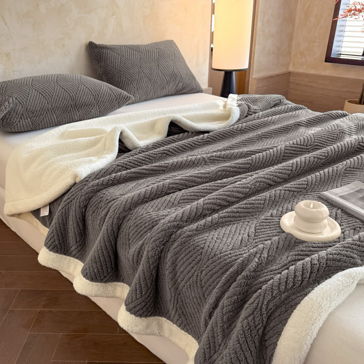 Reversible Warm Blanket Raised Leaf Pattern Fleece with Sherpa Lined Underside