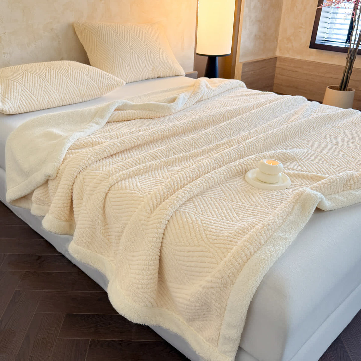 Reversible Warm Blanket Raised Leaf Pattern Fleece with Sherpa Lined Underside