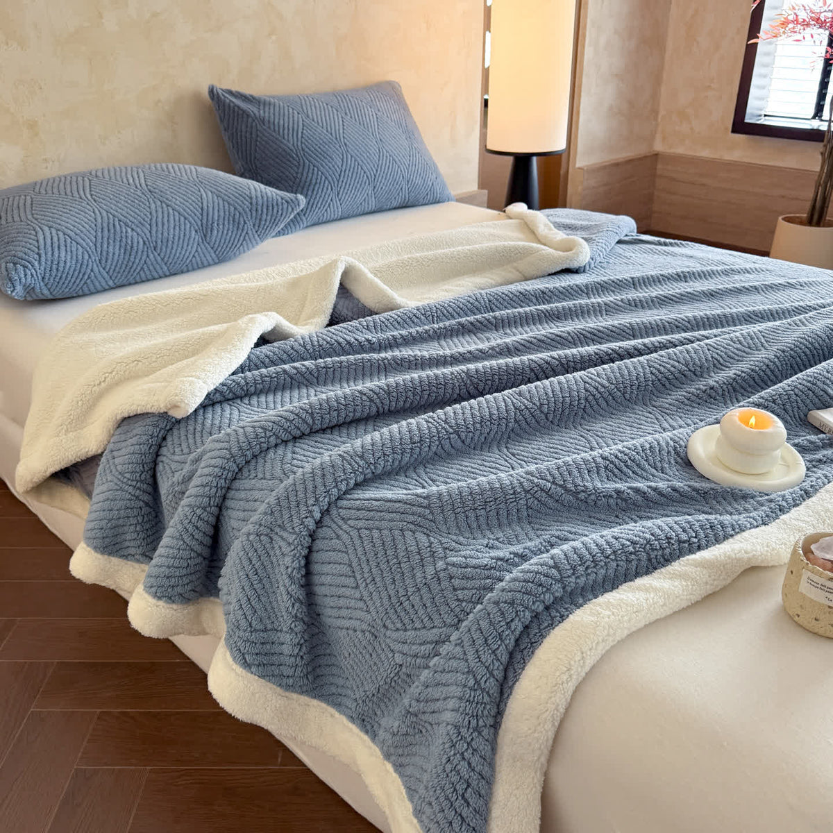 Reversible Warm Blanket Raised Leaf Pattern Fleece with Sherpa Lined Underside