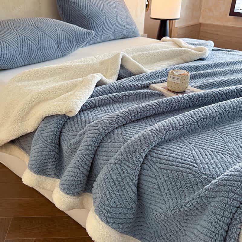 Reversible Warm Blanket Raised Leaf Pattern Fleece with Sherpa Lined Underside