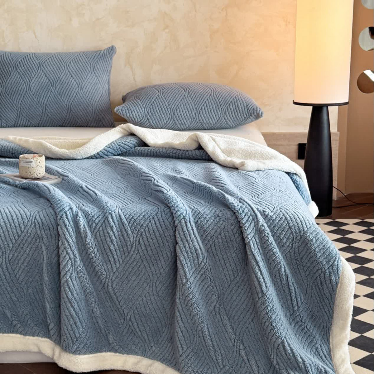 Reversible Warm Blanket Raised Leaf Pattern Fleece with Sherpa Lined Underside