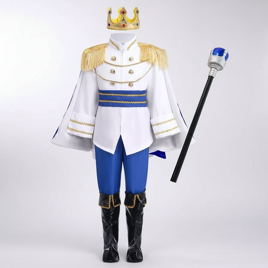 Boys Halloween Costumes Royal Prince Outfit with Cape Crown and Toy Sceptre