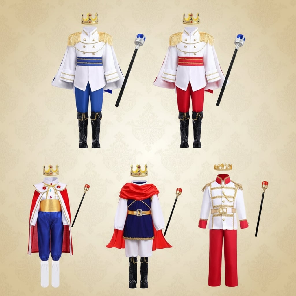 Boys Halloween Costumes Royal Prince Outfit with Cape Crown and Toy Sceptre