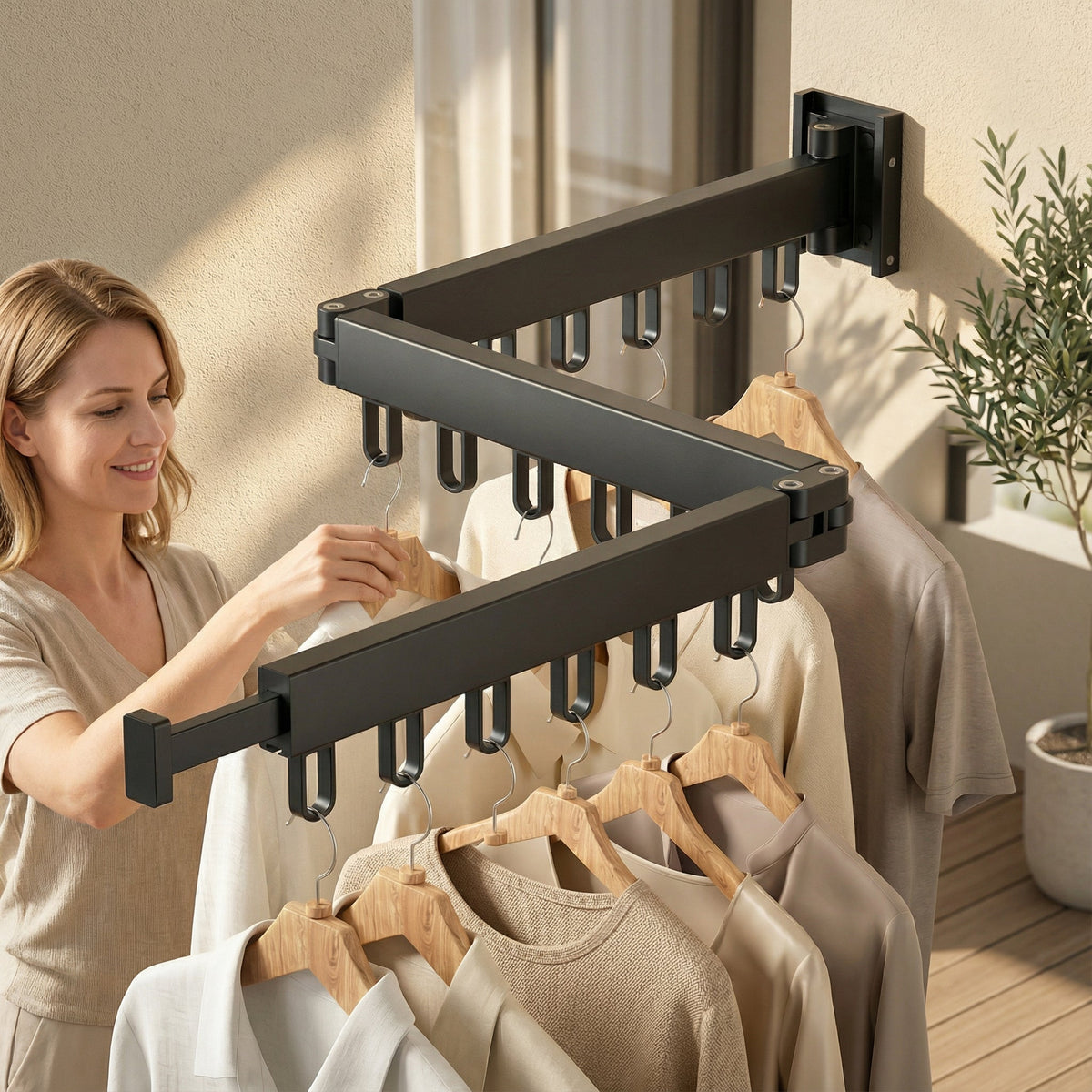 Retractable Wall Mounted Drying Rack Folding Indoor Clothes Hanger in Black or White