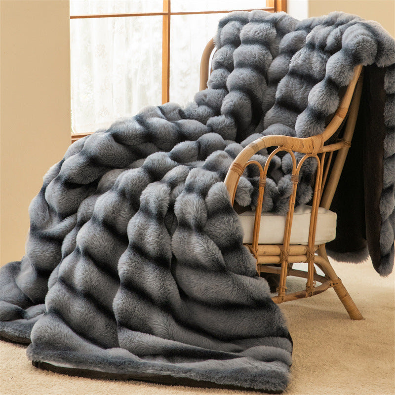 Throw Blanket in Thick Plush with Woven Stripe Pattern for Sofa and Bed Warmth