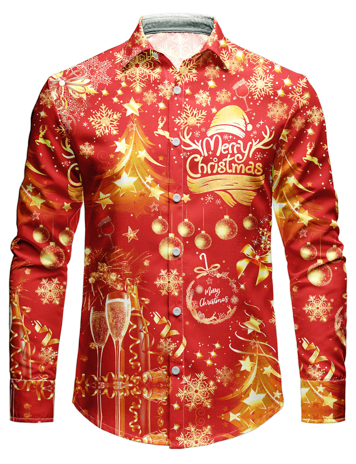 Mens Christmas Shirt Long Sleeve Button Front with Golden Champagne Festive Print