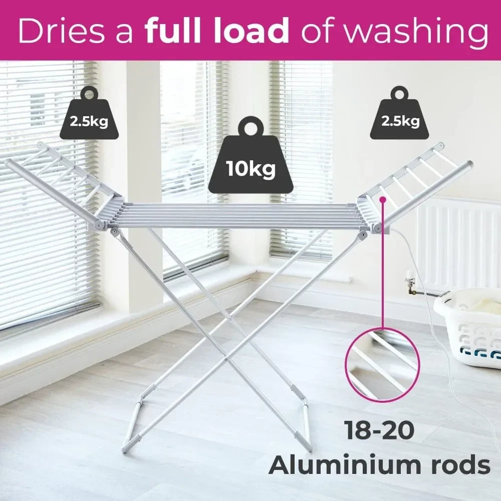 Heated Clothes Rack Electric Airer with 18 Aluminium Rods and Waterproof Switch
