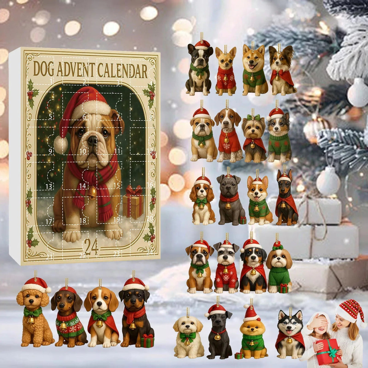 Advent Calendar Dog Figurines in Festive Dress Across 24 Days