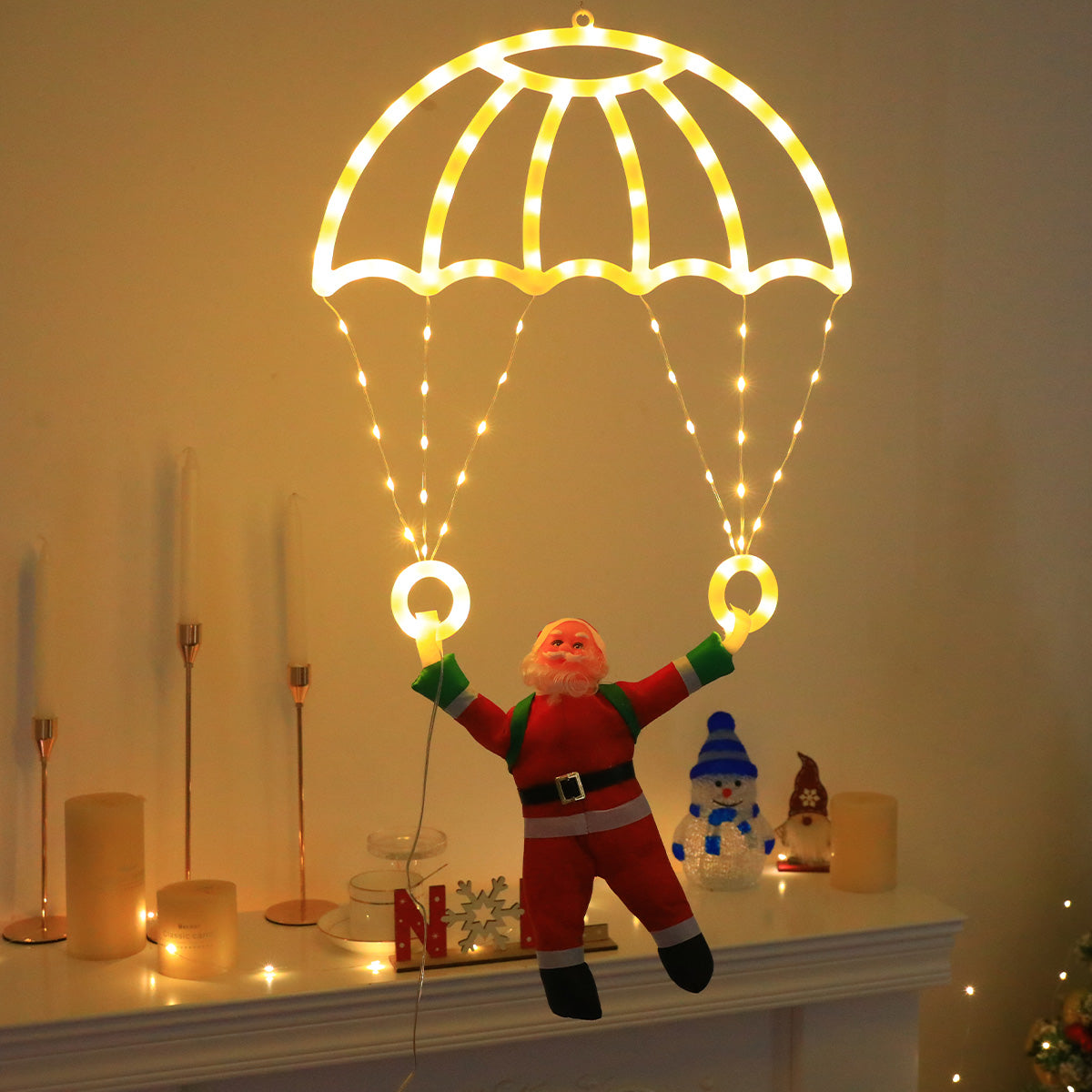Christmas Lights Santa Parachute Window Hanging with Lantern String
