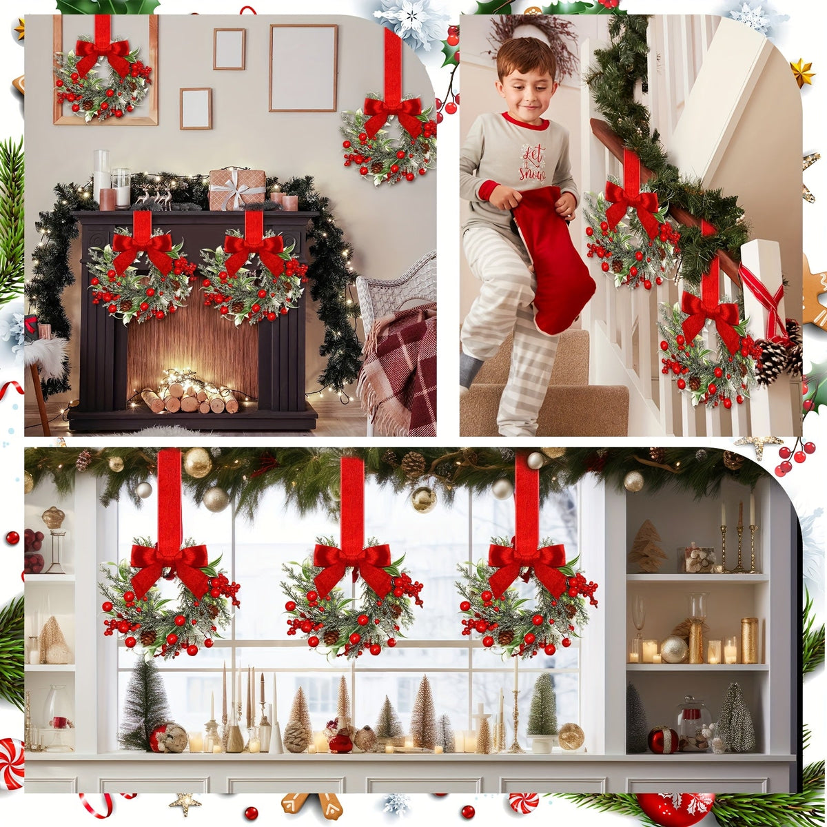 Christmas Wreath Artificial with Red Bow and Pinecones Needing No Power