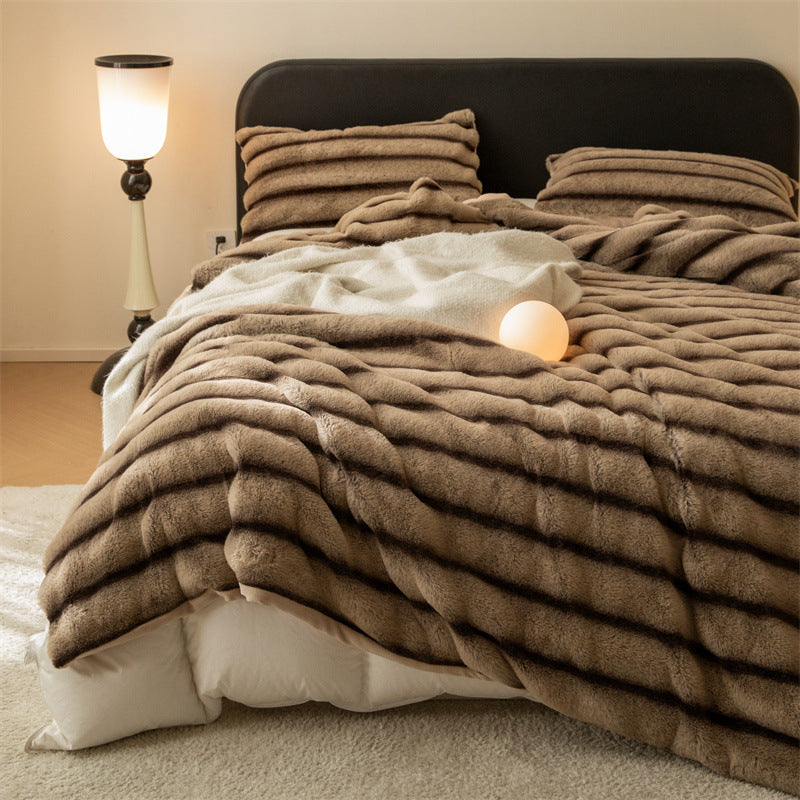 Throw Blanket in Thick Plush with Woven Stripe Pattern for Sofa and Bed Warmth