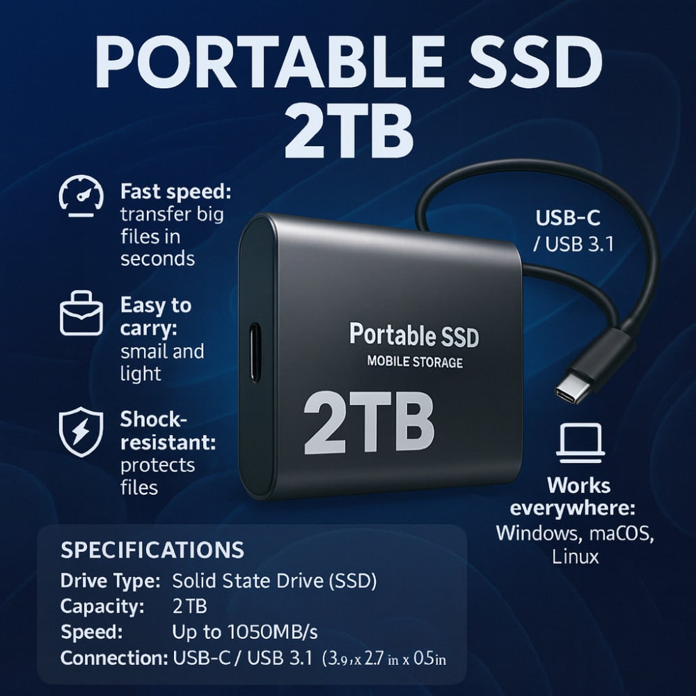 External SSD Portable Solid State Drive with USB-C for Laptop and PC File Transfer