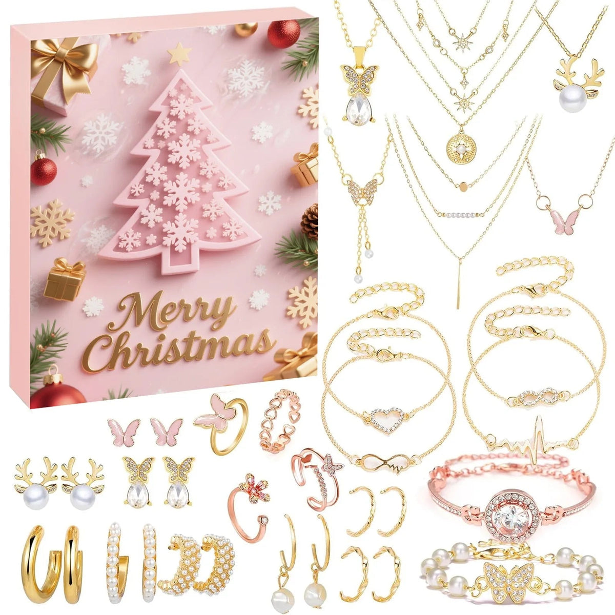 Advent Calendar Jewellery in Gold and Pink with 24 Pieces