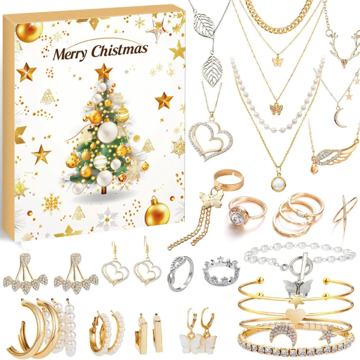 Advent Calendar Jewellery in Gold and Pink with 24 Pieces