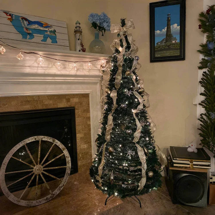 Pre Lit Christmas Tree Pop Up Folding with 200 LEDs and 64 Ornaments