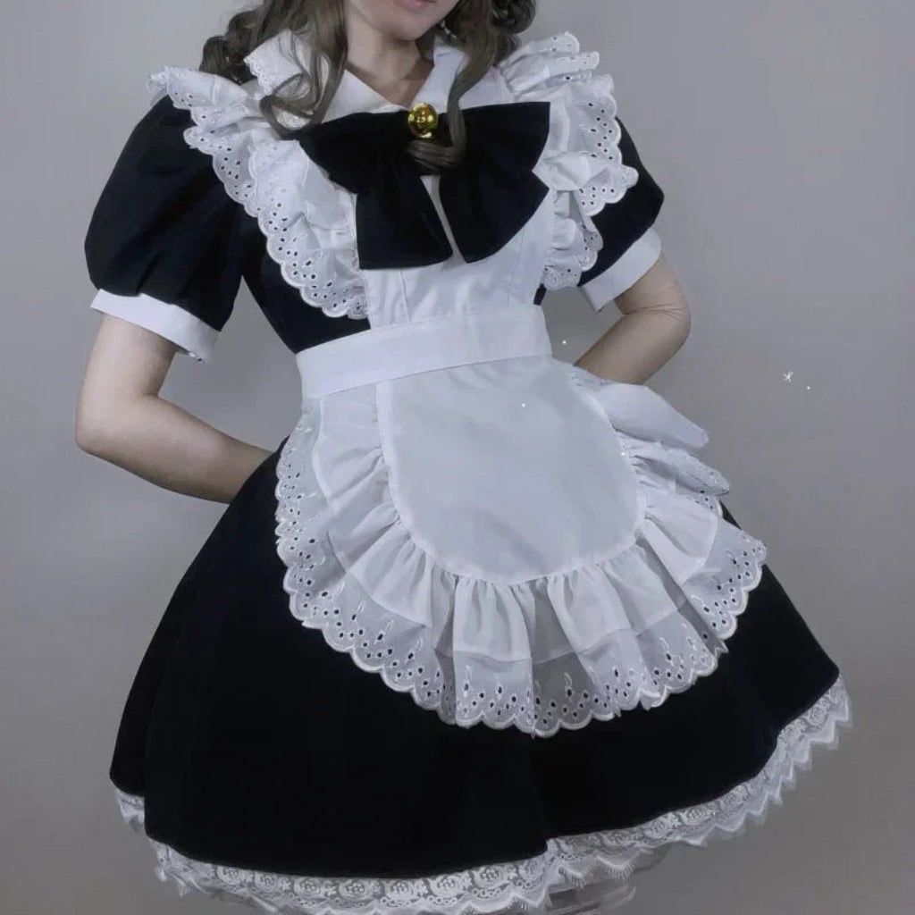 French Maid Halloween Costume with Ruffled Apron and Eyelet Lace Trim