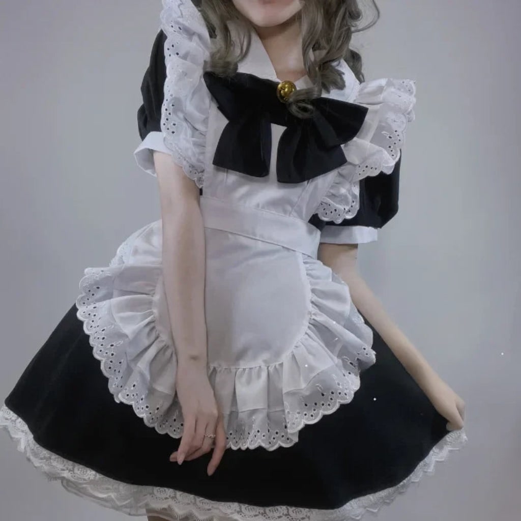 French Maid Halloween Costume with Ruffled Apron and Eyelet Lace Trim