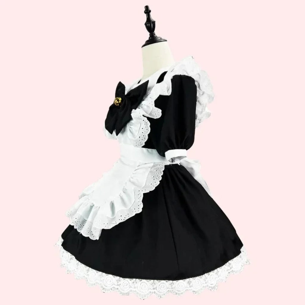 French Maid Halloween Costume with Ruffled Apron and Eyelet Lace Trim
