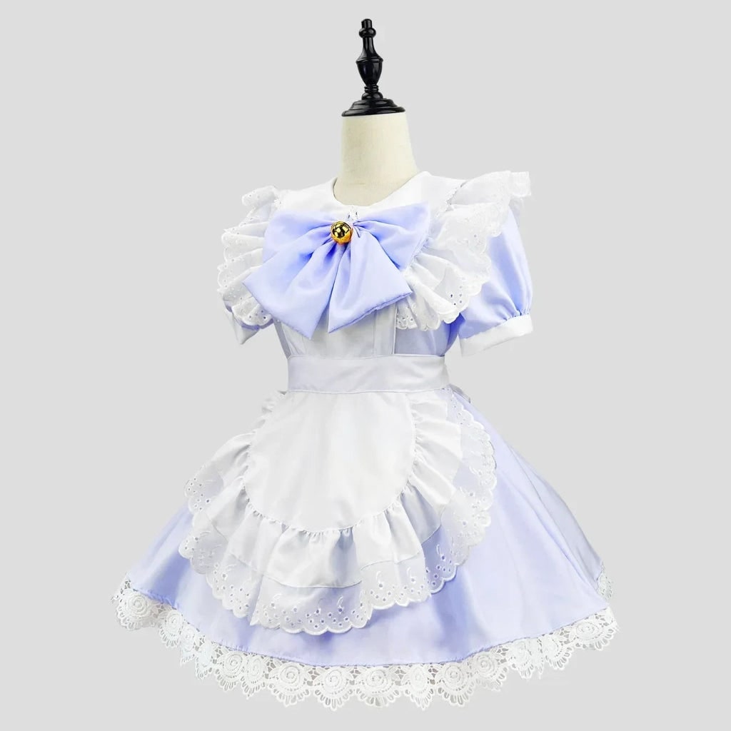 French Maid Halloween Costume with Ruffled Apron and Eyelet Lace Trim
